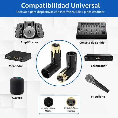 Vista 5 de Adaptador XLR ajustable de 90 grados, paquete de 2 unidades, XLR de 3 pines de ángulo recto macho a hembra, extensor de conector resistente