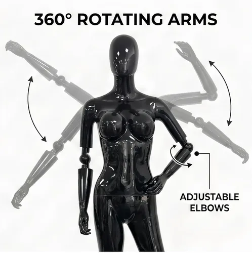 Vista 5 de Maniquí femenino negro brillante de 70 pulgadas con brazos ajustables, forma de vestido de cuerpo completo con base de metal para exhibición