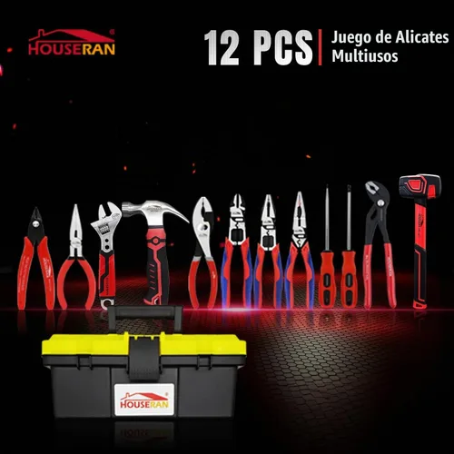 Vista 6 de Juego de herramientas de mano para el hogar de 12 piezas con caja de herramientas - Alicates CRV resistentes, llave ajustable, mazo de goma