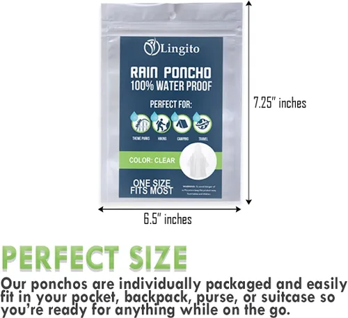 Vista 4 de Lingito Clear Emergency Rain Ponchos Adults, Thicker, 100% Waterproof Emergency Camping Rain Poncho, Amusement Parks, Hikes