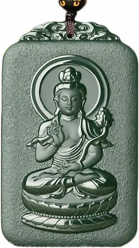 Vista 6 de China Natural Hetian Green Jade Nefrita tallado Zodiaco Protector Deidad Colgante Amuleto