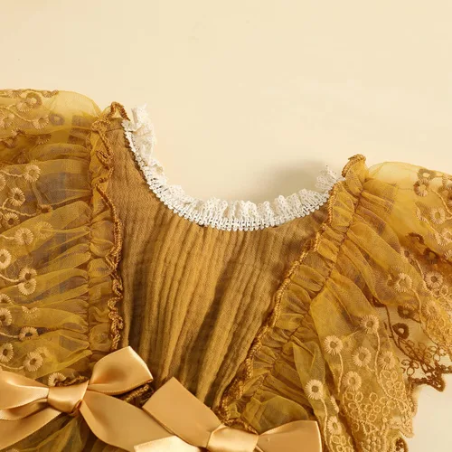 Vista 3 de Mameluco de burbujas para bebé niña con encaje y tutú con mangas con volantes, traje de verano