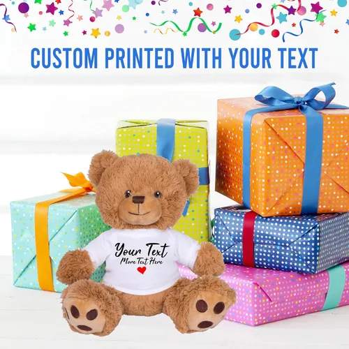 Vista 3 de TeesAndTankYou Oso de peluche personalizado de 8 pulgadas con texto personalizado, regalo personalizado para aniversario, graduación, camiseta