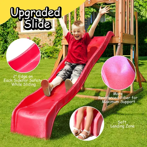 Vista 5 de SUNIBOXI Juegos de columpios de madera para patio trasero, juego de parque infantil al aire libre con barras de mono, tobogán ondulado, 2 columpios