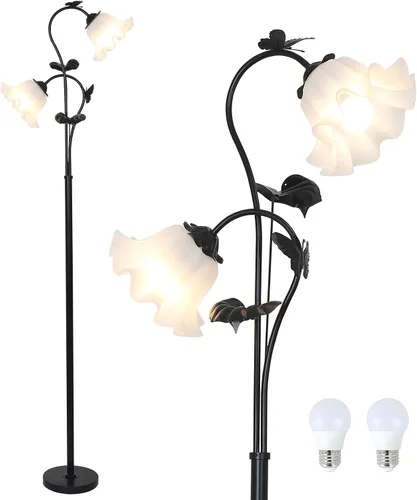 Vista 9 de HMVPL Lámpara de pie dorada para sala de estar, lámpara de pie de flor con 2 bombillas LED de 5 W, interruptor de pie, lámpara alta floral