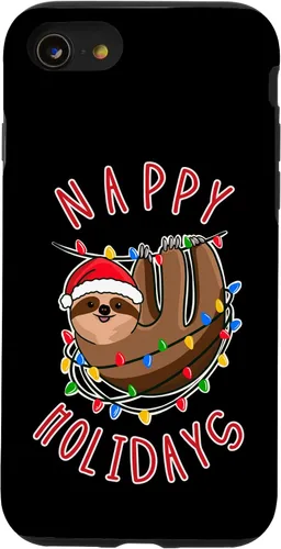 Vista 12 de iPhone 15 Plus Nappy Holidays! Divertido perezoso enredado en la caja de luces de Navidad