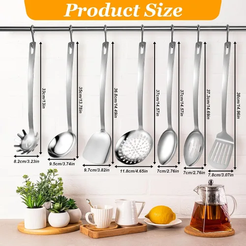 Vista 2 de Juego de utensilios de cocina de acero inoxidable, 7 piezas, cucharón, cucharón, cucharón, cuchara de sopa para servir, cucharas de servir