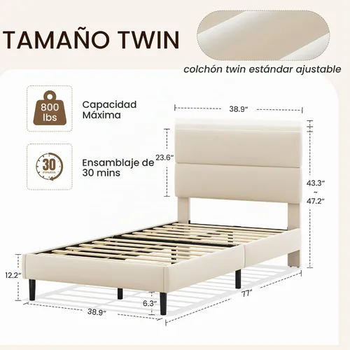 Vista 2 de GRUSIGN Base de cama de plataforma de tamaño individual con cabecera de terciopelo, soporte de listones de madera de altura ajustable, base
