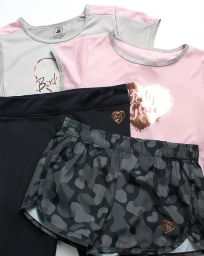 Vista 3 de Body Glove Conjunto de pantalones cortos activos para niña, camiseta de 4 piezas, camiseta sin mangas, pantalones cortos para bicicleta, leggings