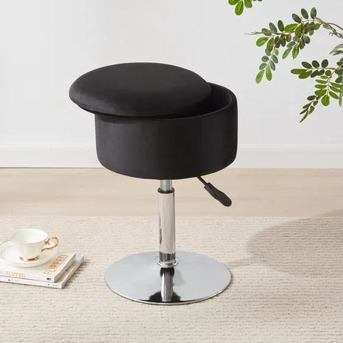 Vista 5 de Taburete otomano ajustable, taburete de tocador negro, silla de tocador para sala de maquillaje, taburete con almacenamiento, taburetes