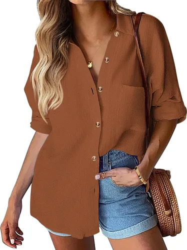 Vista 26 de HOTOUCH Camisa de manga larga con botones de lino para mujer, blusa de algodón casual, holgada, con cuello, para trabajo, de gasa, con bolsillo