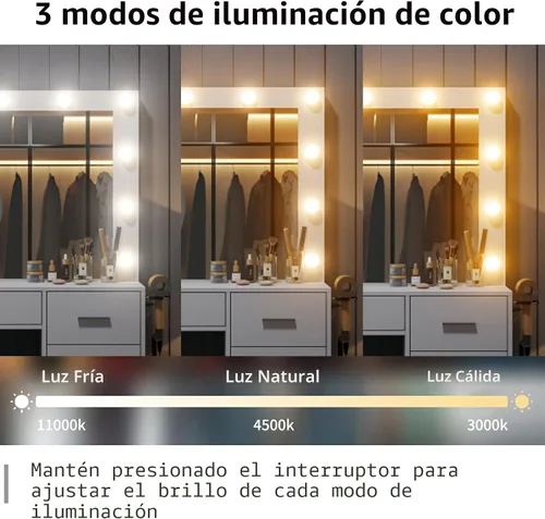 Vista 5 de FUSOU Escritorio de tocador de 37 pulgadas con espejo y luces LED, tocador de maquillaje con toma de corriente y USB, 3 modos de iluminación
