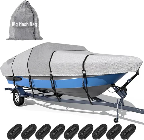 Vista 16 de Funda para barco 1600D + 1200D con bucles de 2 pulgadas de ancho para remolque y amarre, ultraduradera, impermeable, se adapta a Tri-Hull, V-Hull