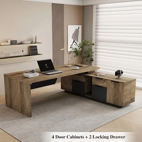 Vista 5 de SAINTCY Escritorio ejecutivo en forma de L, escritorio de oficina retráctil con cajones, grandes escritorios de madera para jefes, propietarios