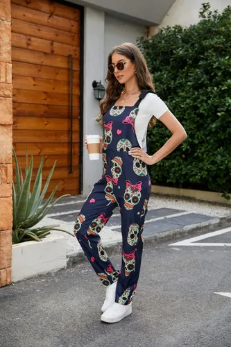 Vista 36 de PAODIKUAI Overol casual con estampado de calavera para mujer, overol suelto con bolsillos