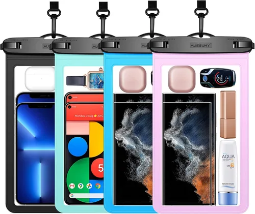 Vista 9 de Paquete de 4 fundas impermeables grandes para teléfono de 10.5" - Soporte transparente para celular bajo el agua - Bolsa seca universal a prueba