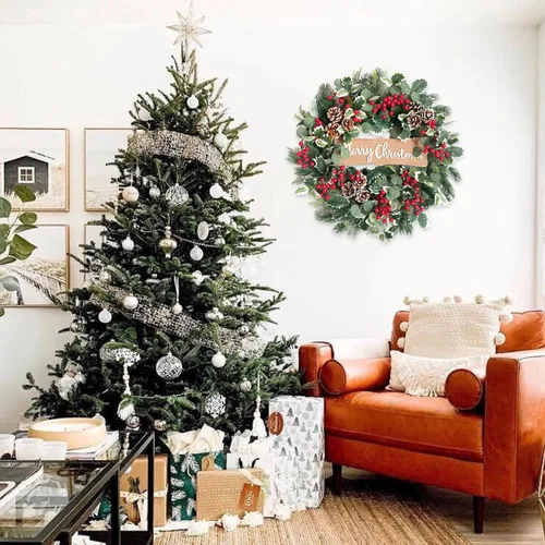 Vista 5 de idyllic Corona de Navidad-22 Coronas de Decoración de Navidad para Puerta Delantera Corona de Invierno Primavera con Agujas de Pino Eucalipto Hojas