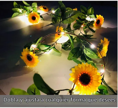 Vista 2 de Fielegen Guirnalda de 20 luces LED artificiales de girasol, vides de girasol de seda de 6.56 pies con 9 cabezas de flores, funciona