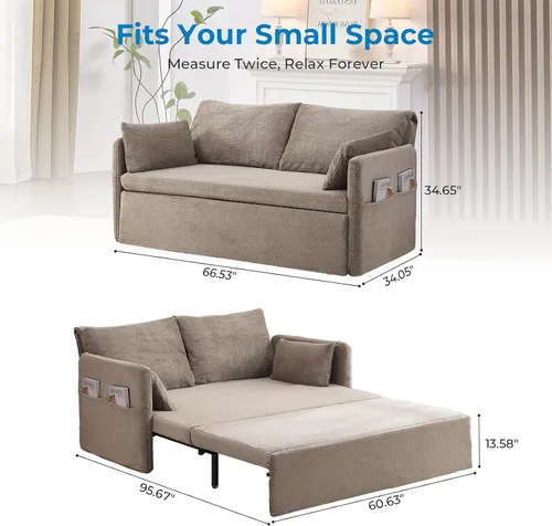 Vista 3 de Mjkone Sofá cama de 66.5 pulgadas de ancho, tamaño Queen para sala de estar Beige