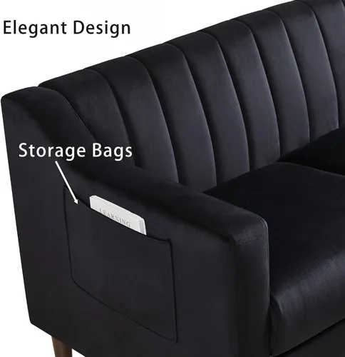 Vista 6 de Sofá Chesterfield de terciopelo moderno, sofá grande de 3 asientos, muebles de sofá de 76 pulgadas, cómoda funda tapizada con marco de madera y Negro