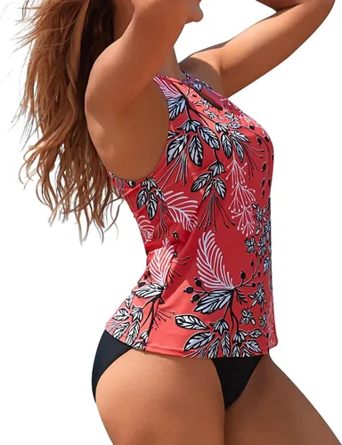 Vista 4 de Yonique - Traje de baño estilo tankini, cuello alto halter para mujer, dos piezas, estampado floral