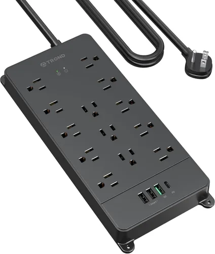 Vista 10 de TROND - Alargador de corriente con enchufe plano giratorio 360°, protector contra sobretensiones, 13 tomas amplias con 3 puertos USB C, 4000 J