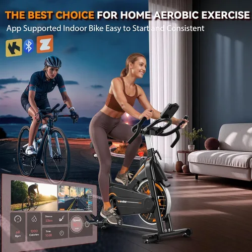 Vista 2 de Exercise Bike, Wenoker Stationary Bike for Home App Sync Indoor Bike with Adjustable Seat and Multi-grips Handlebar, Transport Wheels and Fitness