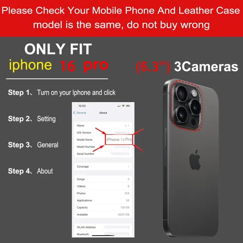 Vista 2 de Funda de cuero compatible con iPhone 16 Pro Wallet de 6.3 pulgadas, protección completa de piel auténtica a prueba de golpes, funda abatible
