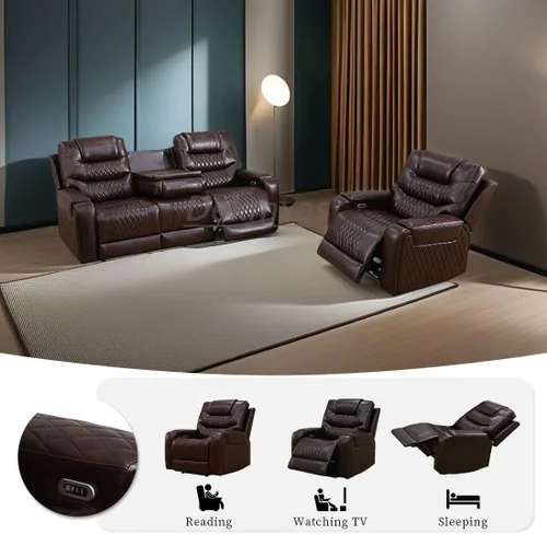 Vista 13 de Juego de sofá reclinable eléctrico, seccional de cuero transpirable beige, juego de muebles de sala de estar, 2 piezas, sofá reclinable eléctrico
