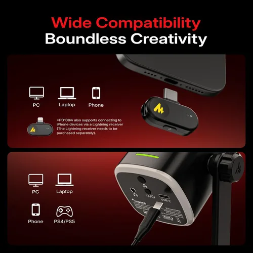Vista 3 de MAONO - Micrófono dinámico USB inalámbrico PD100W, micrófono de PC para juegos con reducción de ruido de un solo clic, botón de silencio, RGB