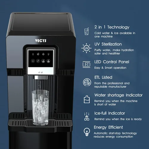 Vista 3 de VECYS Enfriador de agua de carga inferior con máquina de hielo, suministro de agua fría con fabricación diaria de hielo de 18 libras, compatible