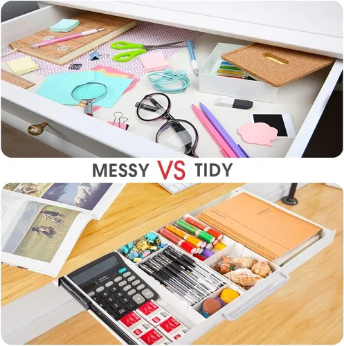 Vista 7 de Cajón de lápices deslizable de gran tamaño para debajo del escritorio, color blanco, con diseño de divisor de espacio ajustable para almacenar