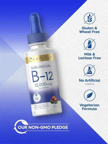 Vista 5 de Gotas líquidas sublinguales de vitamina B12 Carlyle 10,000 mcg 2 fl oz Vegetarianas, sin transgénicos, sin gluten
