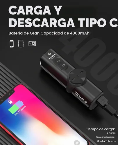 Vista 4 de TOWILD DLite1800 Bike Lights for Night Riding,1800LM Dual Light Source System,Compatible with Garmin/GoPro Mount,5000mAh Rechargeable
