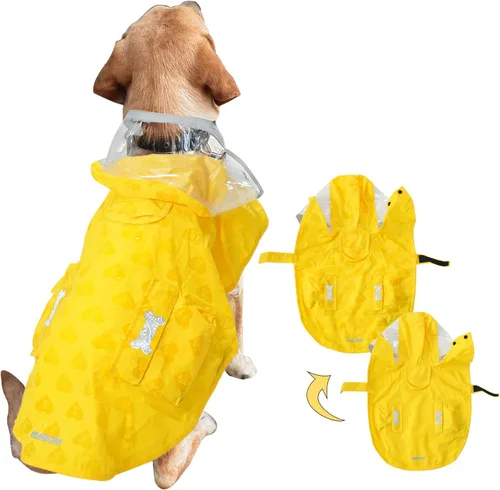 Vista 17 de Chubasquero impermeable para perros, ropa impermeable ajustable con tira reflectante y ligera con capucha tipo poncho (Verde Ejército, XS)