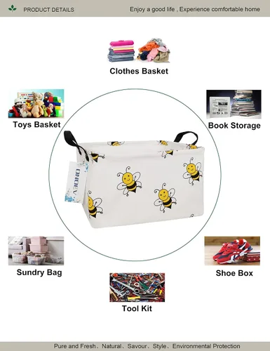 Vista 3 de Cesta de lavandería plegable rectangular, cesta de lona impermeable, cesta de regalo, adecuada para habitación de niños, oficina, ropa, Abeja