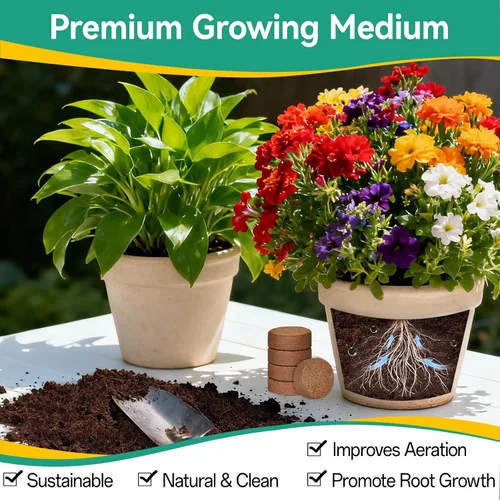 Vista 4 de ZeeDix 50 pellets de fibra de coco orgánica de 1.181 in para iniciadores de semillas, tierra de coco comprimida para plantar, suelo de jardín