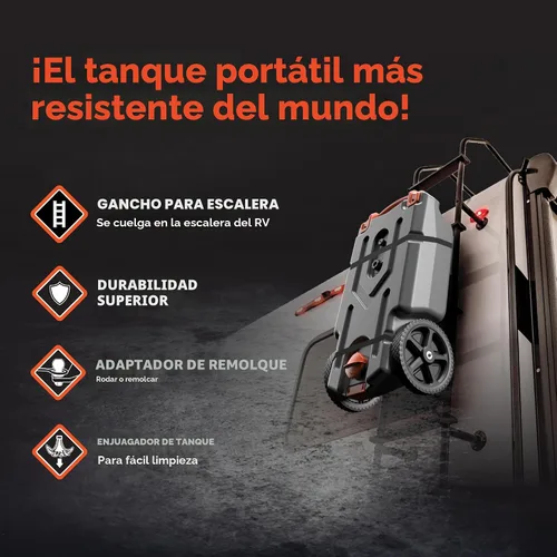 Vista 6 de Camco Rhino - Tanque portátil de 15 galones para RV - Cuenta con ruedas grandes resistentes a pinchazos y orificio de drenaje bajo - Incluye