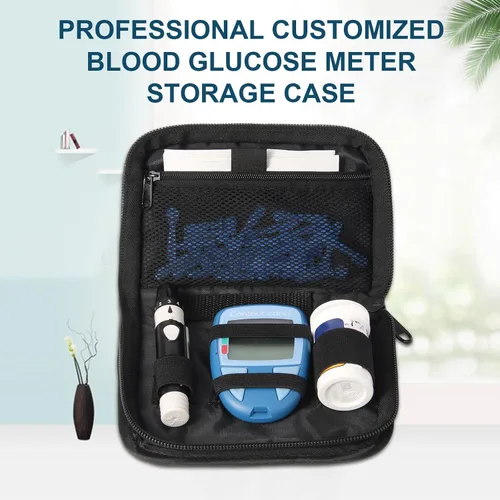 Vista 4 de Estuche de suministro de diabetes, Organizador diabético para tiras de prueba con bolsillo de malla, Bolsa portátil de kit de prueba de diabetes