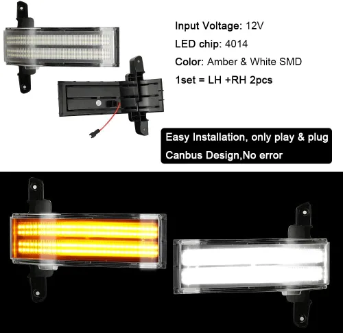 Vista 3 de ROCCS Luces intermitentes de señal de giro blancas DRL LED para espejo lateral de remolque, compatibles con Chevy Silverado GMC Sierra 2014–2019 OEM
