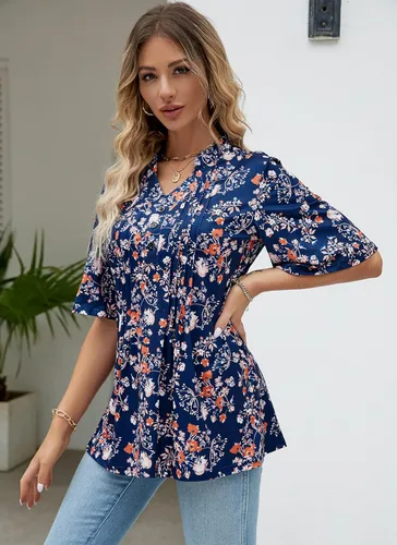 Vista 3 de HOCOSIT - Camiseta de manga corta con olanes y cuello en V con estampado de flores, plisada y abotonada, para mujer