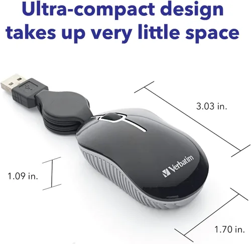 Vista 3 de Verbatim Ratón óptico con cable mini USB-A para computadora – Plug & Play con cable pequeño de viaje con cable retráctil – Negro 98113