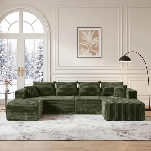 Vista 28 de Sofá modular deshuesado de 118 pulgadas con diván y otomano de pana de gran tamaño en forma de U, sofá de nube para asiento profundo para sala