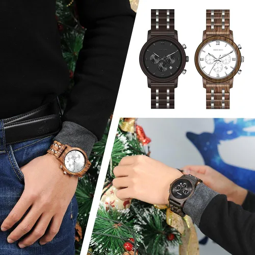 Vista 8 de BOBO BIRD Relojes de madera para hombre, correa de metal de madera de lujo, cronógrafo y visualización de fecha, reloj de cuarzo versátil
