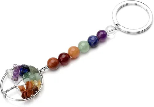 Vista 2 de Jovivi Llavero con colgante de árbol de la vida con piedras preciosas de 7 chakras, cristales curativos, cuentas de piedra caída, llavero