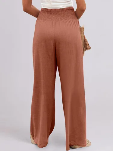 Vista 8 de Caracilia Pantalones palazzo de lino para mujer, estilo bohemio, pierna ancha, cintura alta, fruncidos, informales, con bolsillo