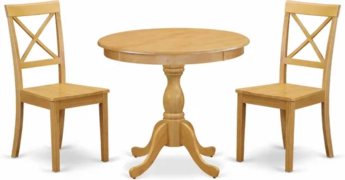 Vista 22 de East West Furniture AMBO3-BCH-W Juego de mesa y sillas de cocina de 3 piezas contiene una mesa de comedor redonda con pedestal y 2 sillas de asiento
