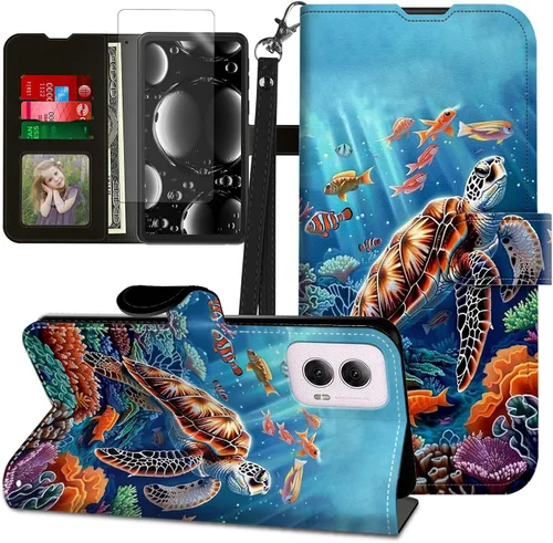 Vista 427 de Funda para Motorola Edge 2022 con protector de pantalla, soporte y tarjetero y correa para la muñeca, funda magnética para Moto Edge 2022 5G UW Lobo