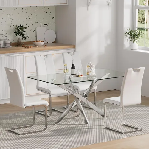 Vista 27 de Juego de mesa de comedor de cristal para 4, juego de mesa de cocina moderno de 5 piezas 52''Rectangular Glass Dining Set with 4 PU Leather