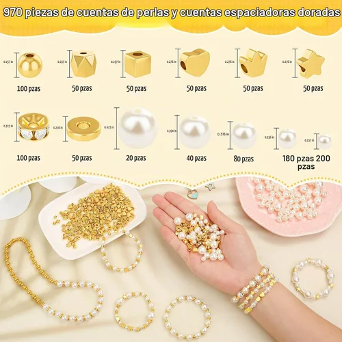Vista 3 de Audab Cuentas de perlas para hacer pulseras, 970 cuentas espaciadoras de perlas y doradas para hacer joyas Estilos A